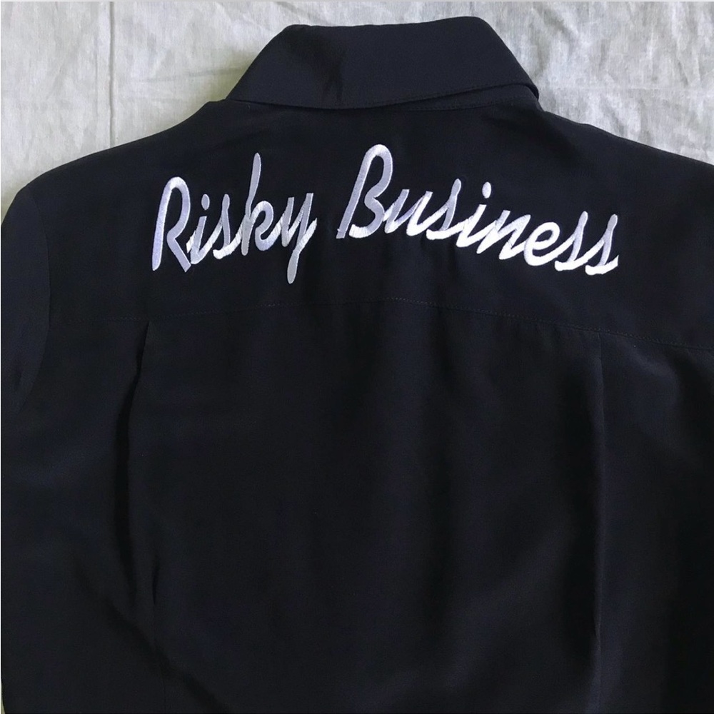 Black Satin Button up with White Embroidery